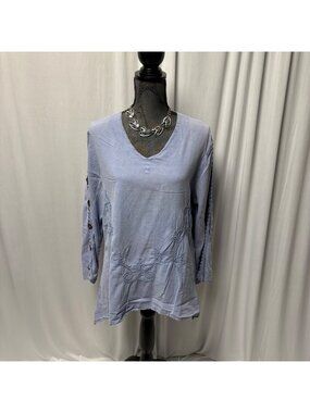 Giocam Tunic Womens Medium Blue Embroidered Cotton Top Button-Detail Sleeves